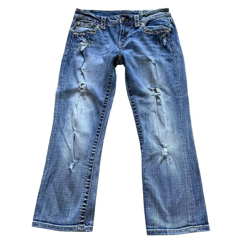 Miss Me Womens 30 US Size 10 Distressed Embellished Cuffed Capri Jeans Cowgirl
